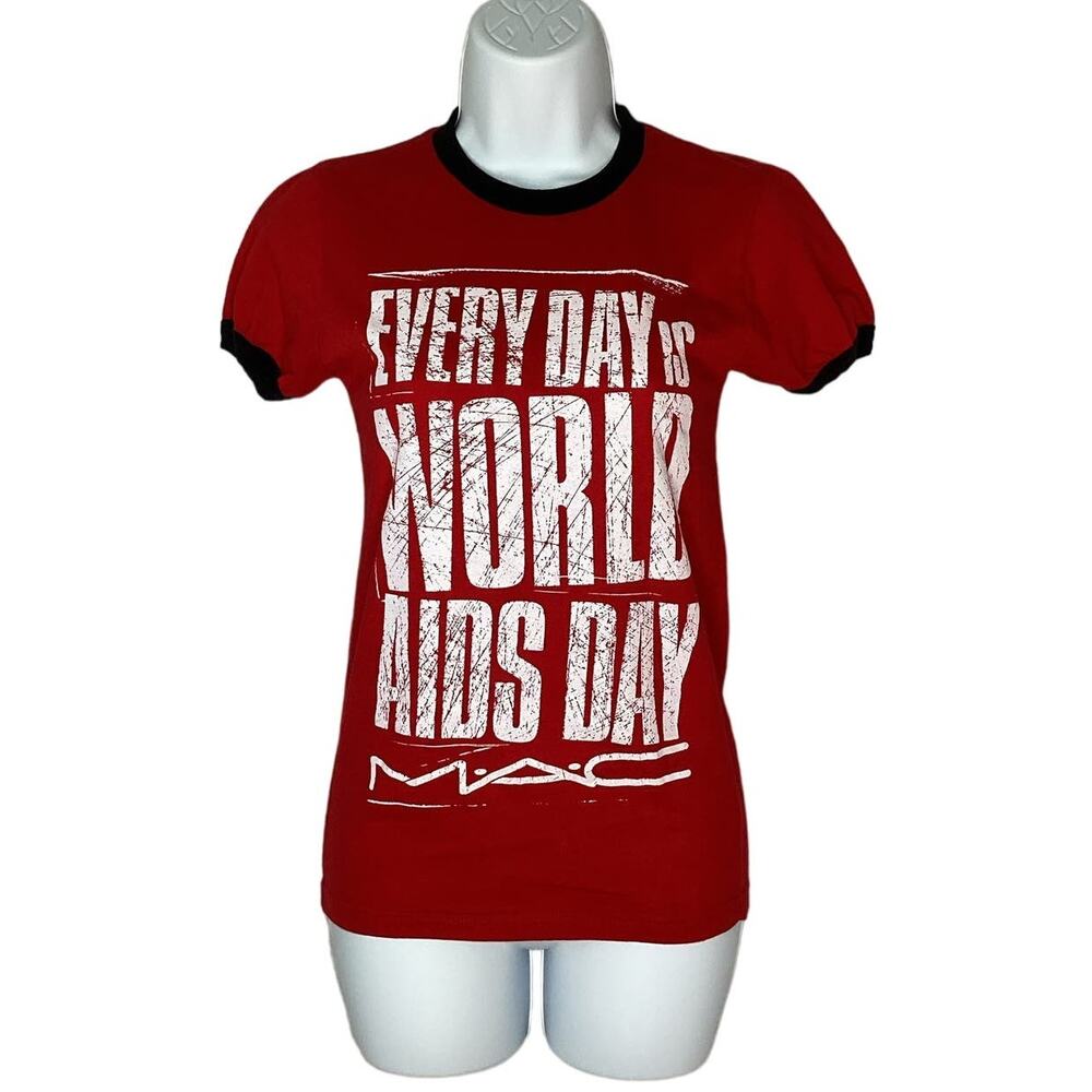 M.A.C. World AIDS Day Viva Glam Staff Red Ringer‎ T-Shirt 2 or S